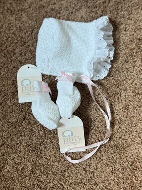 Paty White Lace Baby Bonnet with Pink Ribbon Accents